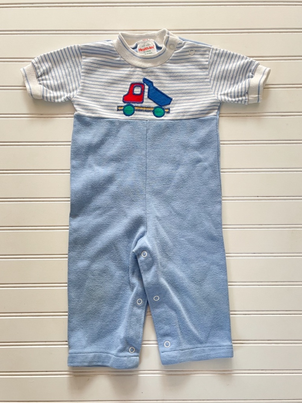 VINTAGE 🇺🇸 HEALTHTEX Boys Dump Truck Appliqué Primary Colors Knit Romper
